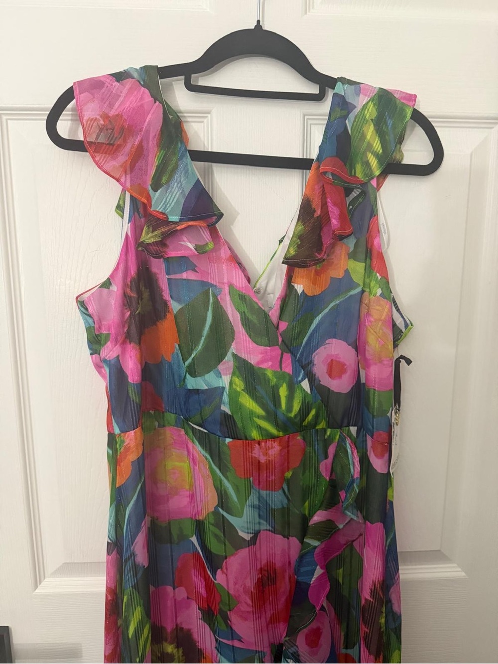Kensie Vibrant Floral Ruffle V-Neck Maxi Dress - Pink & Green - Picture 10 of 11